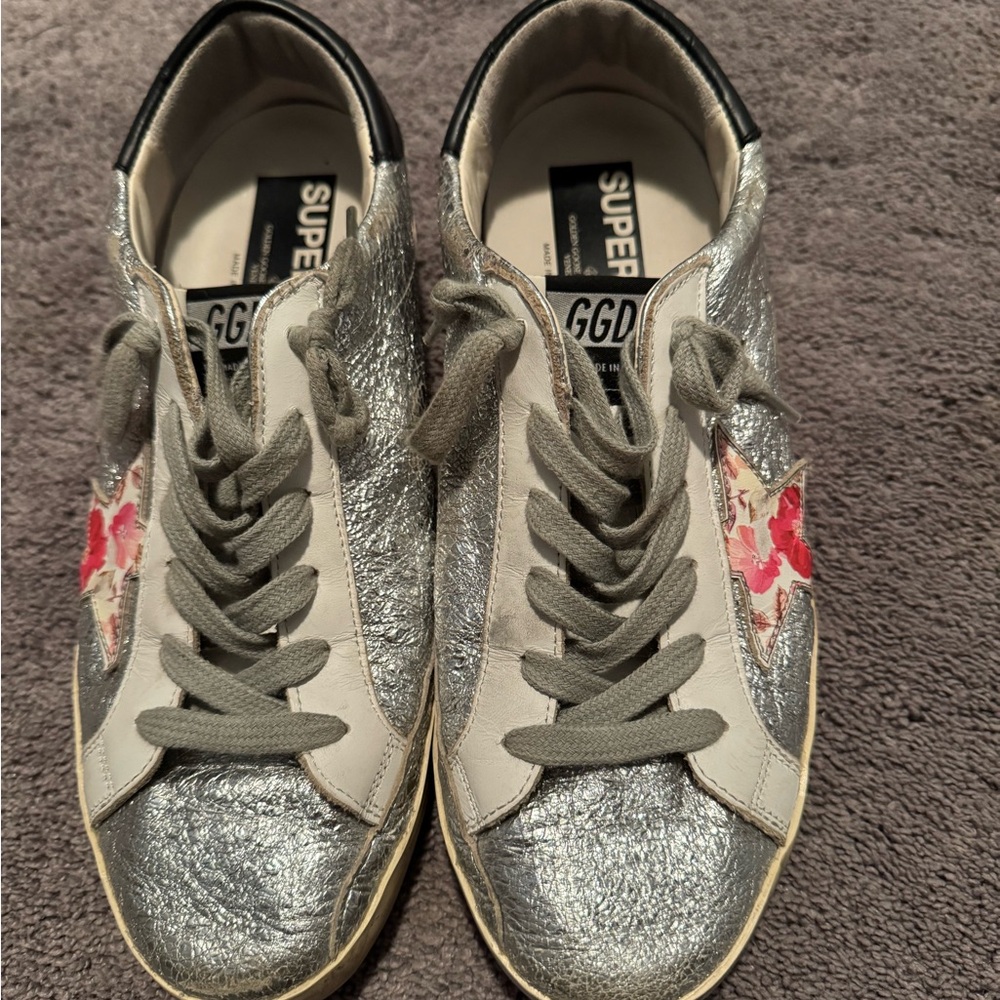 Golden Goose Metallic Silver and White Sneakers